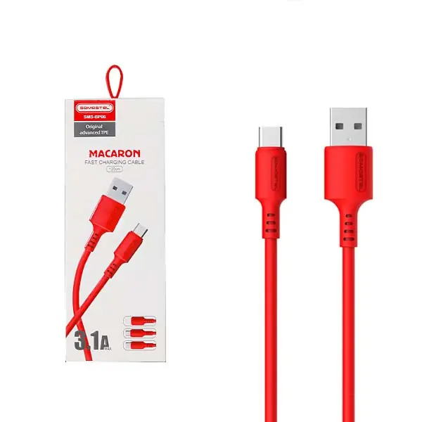 KABEL USB TYP-C 3A SOMOSTEL CZERWONY 3100mAh QUICK CHARGER 1.2M POWERLINE USB-C SMS-BP06 MACARON Ostatnia szansa