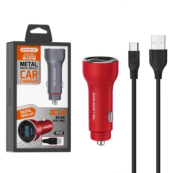 ŁADOWARKA SAMOCHODOWA 5A CZERWONA MIERNIK + KABEL TYP-C SOMOSTEL 30W 2XUSB DUAL SMS-A89 QUICK CHARGE QC 3.0 ALUMINIUM Obniżka ceny