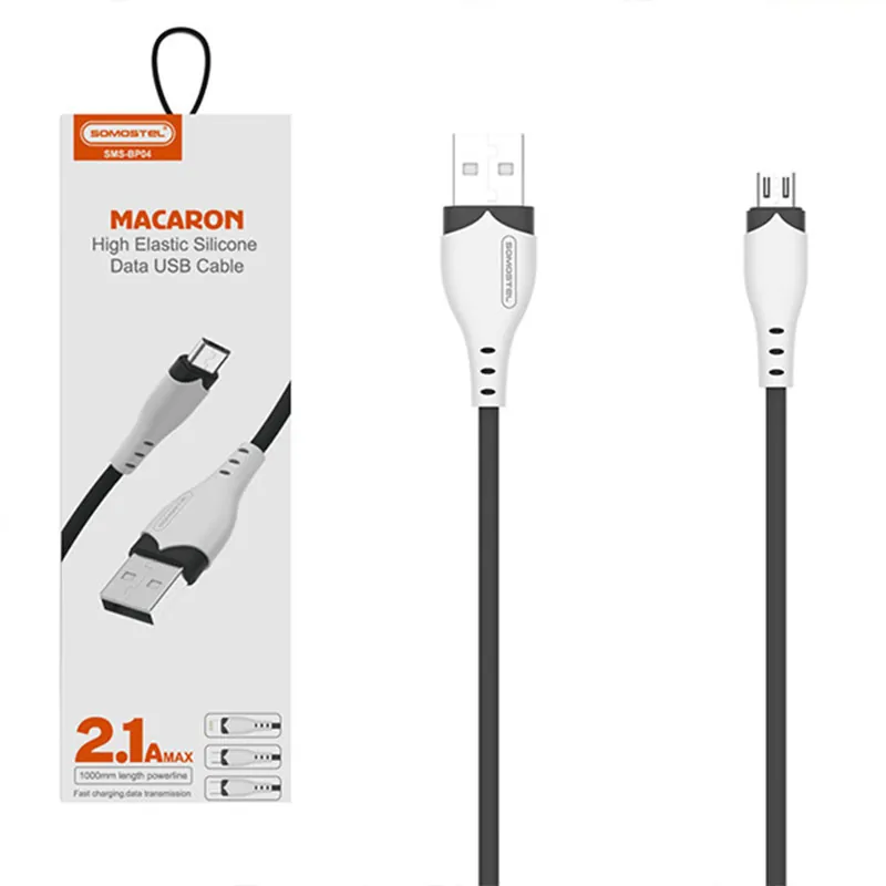 KABEL USB MICRO 2,1A SOMOSTEL CZARNY 2100mAh QUICK CHARGER 1.2M POWERLINE SMS-BP04 MACARON Hit sprzedaży