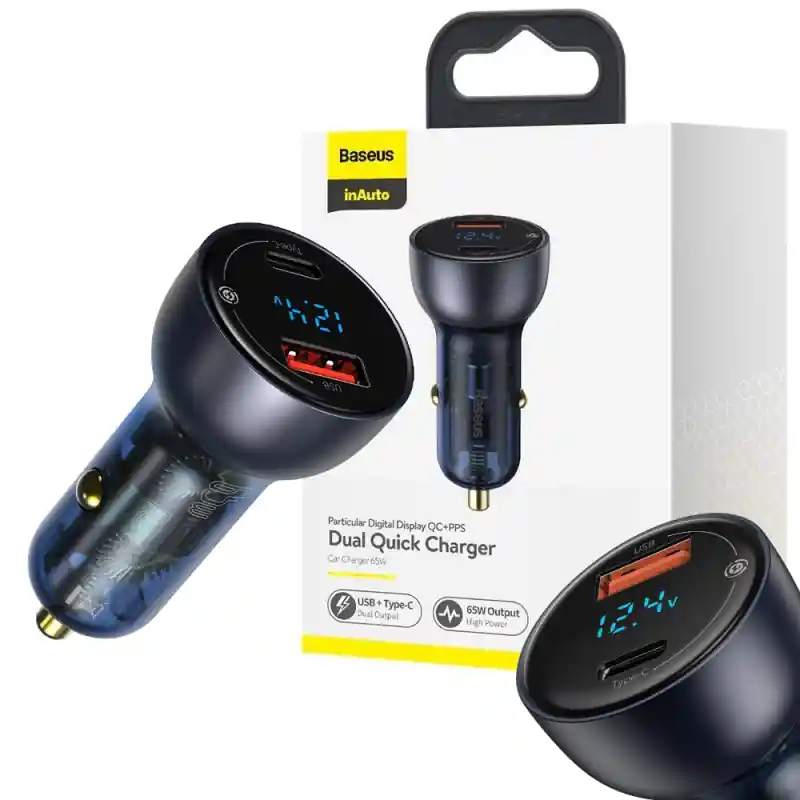 Baseus ładowarka samochodowa USB / USB Typ C 65 W 5 A 12V 24V SCP Quick Charge 4.0+ Power Delivery 3.0 ekran LCD Do wyczerpania zapasów