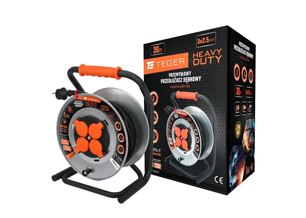 Okazja Przedłużacz bębnowy, przemysłowy HEAVY DUTY, 3X2,5mm, IP44, H05RR-F, cert. CE / 30M, Teger